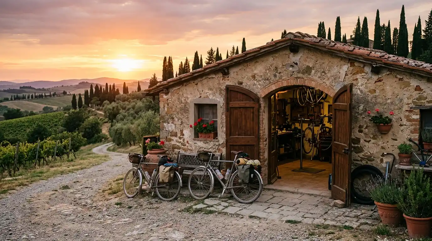 The stone workshop with two e-bikes leaning outside on the gravel road at sunset