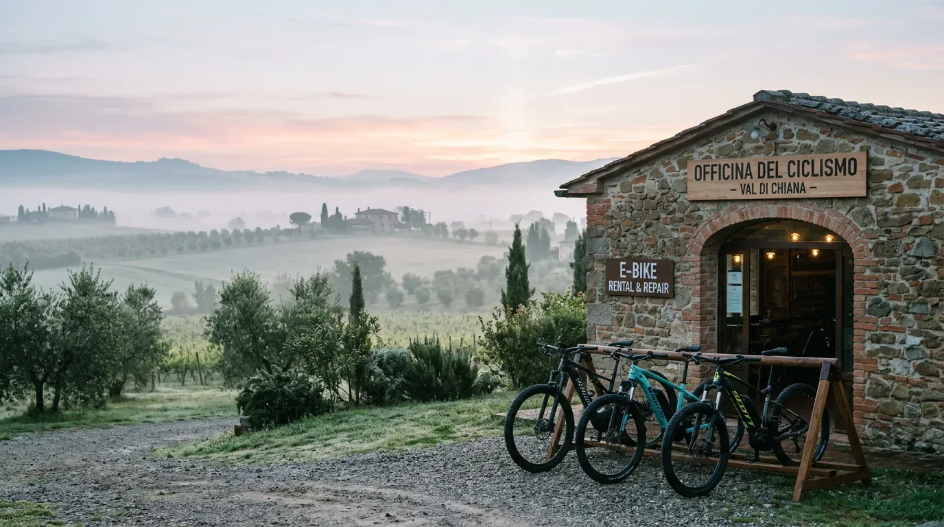 La bottega in pietra con due bici elettriche appoggiate fuori, sulla strada bianca, al tramonto